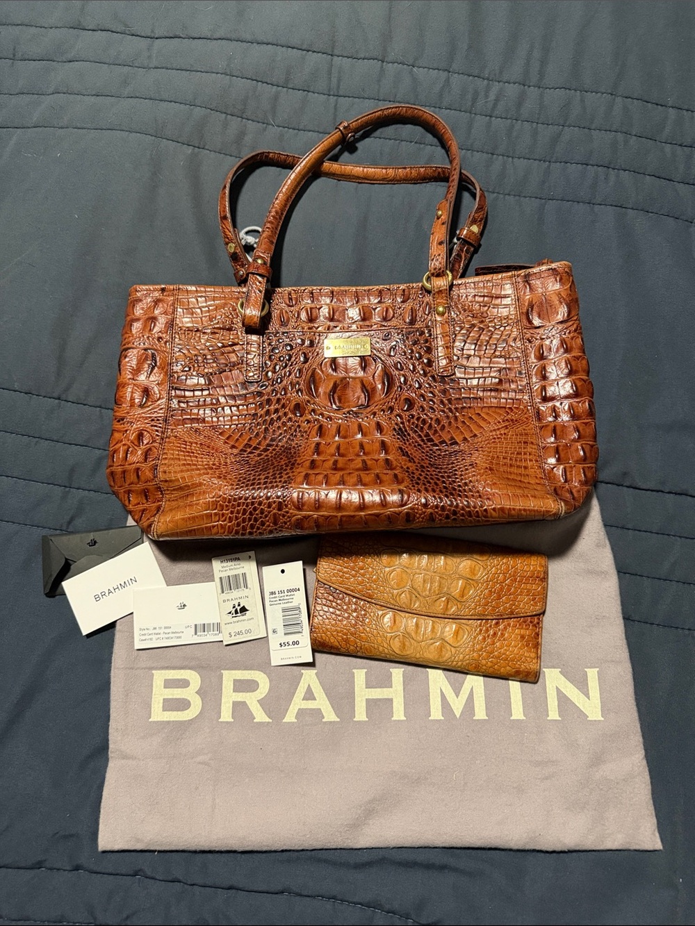 Brahmin Cognac Croc-Embossed Leather Tote with Wallet